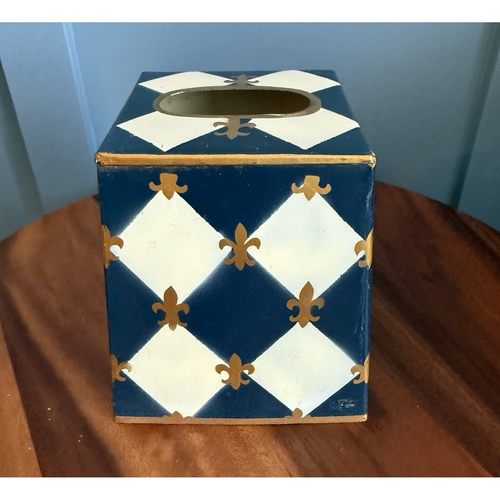 Vintage Mid Century Metal Painted Harlequin Fleur De Lis Tissue Box Holder Blue
